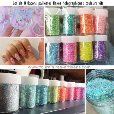 Lot 8 flacons paillettes flakes holographiques couleurs vifs résine & nail art